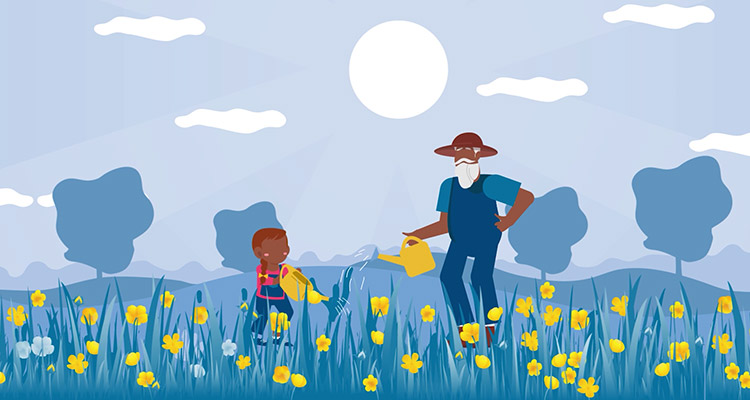 Animation of an older man wearing hearing aids watering yellow plants with his grandchild 