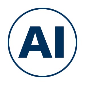 A dark blue graphic that reads AI is placed on a white background