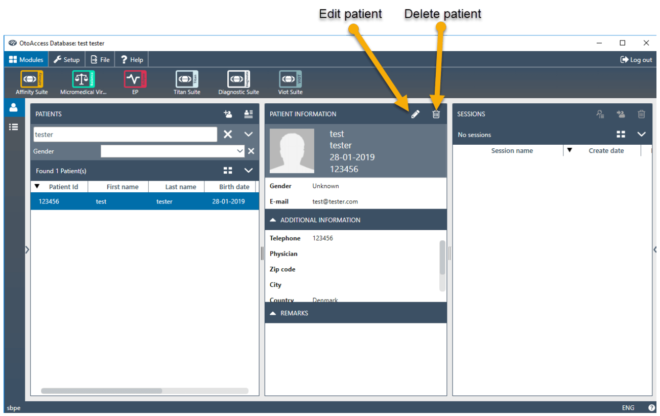 Screenshot of editing and deleting patient panel in Otoaccess Database