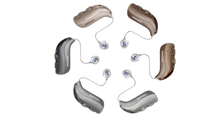 Philips HearLink hearing aids are arranged in a circle pattern to create a flower shape
