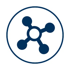 A dark blue icon with a shape with connecting dots demonstrating connectivity is placed on a white background