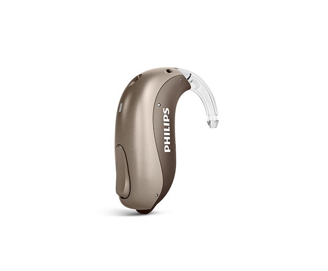 Beispiel für nicht wiederaufladbare Philips HearLink mini HdO-Hörgeräte, auch miniBTE T von Philips Hearing Solutions genannt