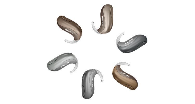 Verfügbare Farben, im Kreis angeordnet, für wiederverwendbare Philips HearLink Hörgeräte im mini HdO-Modell (miniBTE T R)