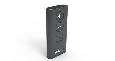 Philips Fernbedienung – Steuert diskret die Lautstärke und die Programmwahl.