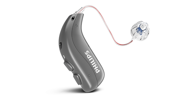 Philips HearLink wiederaufladbares Akku-Hörgerät MiniRITE T R für leichte bis schwere Hörverluste.