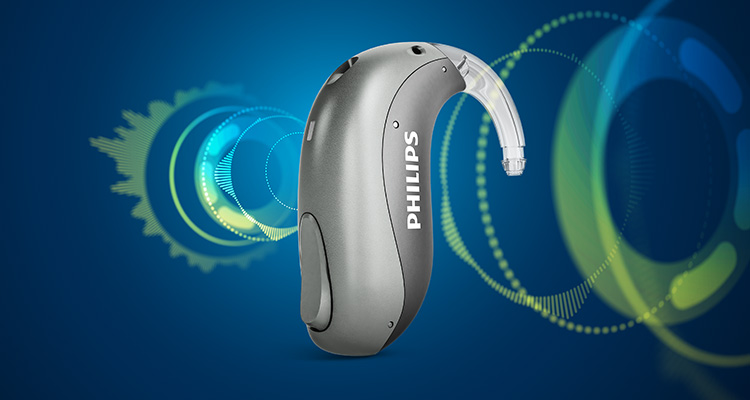 Philips HearLink rechargeable hearing aid in the mini behind the ear telecoil style also called miniBTE T R placed on a blue background with AI sound technology sound rings