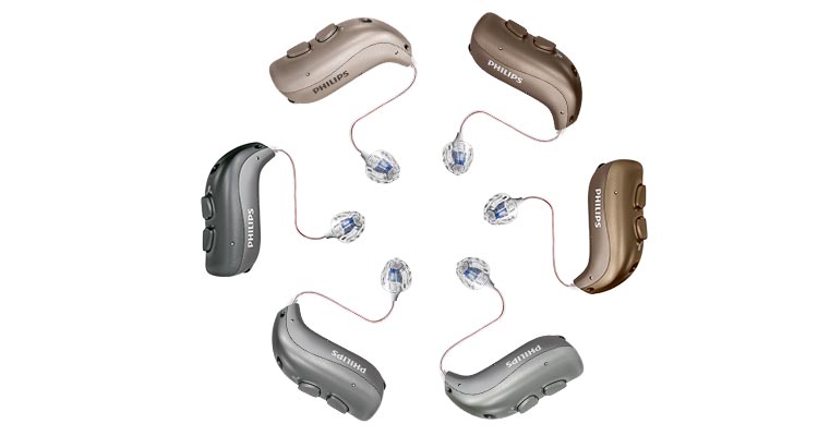Philips HearLink hearing aids are arranged in a circle pattern to create a flower shape