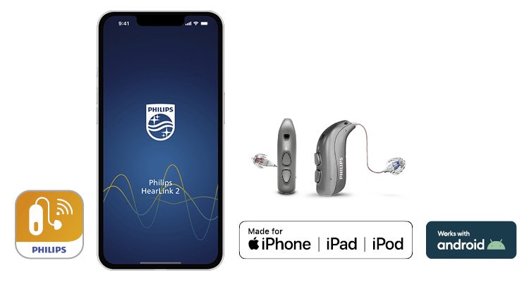 A mobile phone with Philips HearLink 2 app open is placed next to Philips HearLink hearing aids on a white background