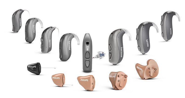 El portfolio de audífonos HearLink de Philips tiene formatos con el auricular en el oído (RITE), detrás del oído (BTE) y en el oído (ITE)