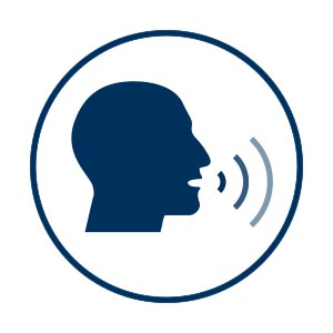 Un icono de líneas azul oscuro con una persona hablando sobre fondo blanco.