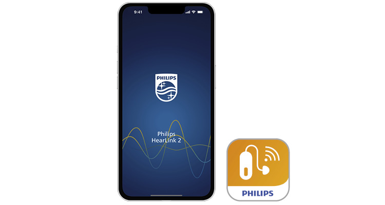 Un teléfono móvil con la aplicación Philips HearLink 2 abierta se sitúa junto al icono de la aplicación