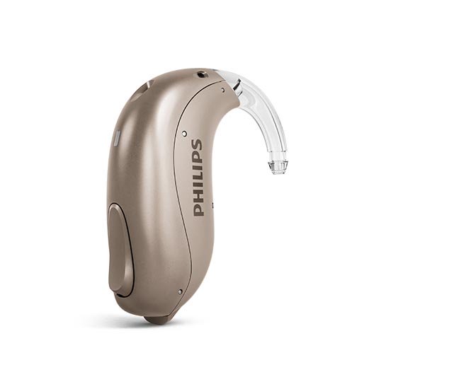 Un ejemplo de los audífonos retroauriculares Philips HearLink mini con pilas, también llamados miniBTE T, de Philips Hearing Solutions