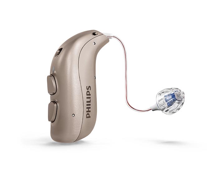Audífonos recargables MiniRITE T R de Philips HearLink para pérdida auditiva media a severa.