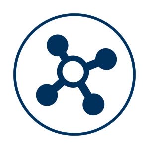 Un icono azul oscuro con una forma con puntos de conexión que demuestra la conectividad se coloca sobre un fondo blanco