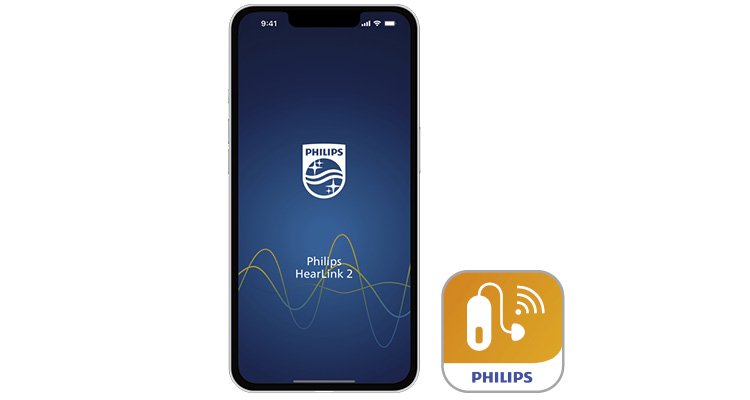 Un teléfono móvil con la aplicación Philips HearLink 2 abierta se sitúa junto al icono de la aplicación