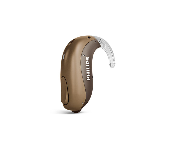 Un ejemplo de los audífonos retroauriculares Philips HearLink mini con pilas, también llamados miniBTE T, de Philips Hearing Solutions