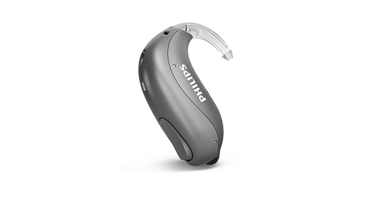 Un ejemplo de los audífonos retroauriculares Philips HearLink mini con pilas, también llamados miniBTE T, de Philips Hearing Solutions