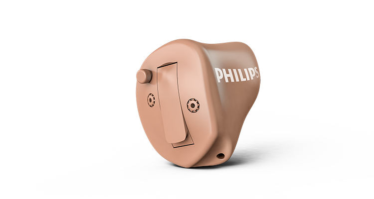 Exemple d'aides auditives non rechargeables Philips HearLink à demi-coque dans l'oreille, également appelées ITE HS de Philips Hearing Solutions.