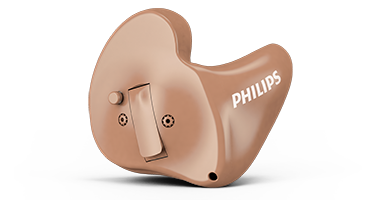 Exemple d'aides auditives intra-auriculaires non rechargeables Philips HearLink, style pleine conque de Philips Hearing Solutions.