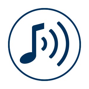 A dark blue icon that has a musical note with sound coming from it is placed on a white background