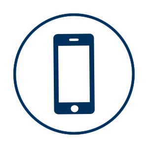 A dark blue icon with a mobile phone is placed on a white background