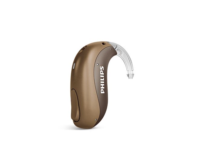 Voici un exemple d'appareils auditifs derrière l'oreille rechargeable Philips HearLink mini, également appelé miniBTE T R de Philips Hearing Solutions