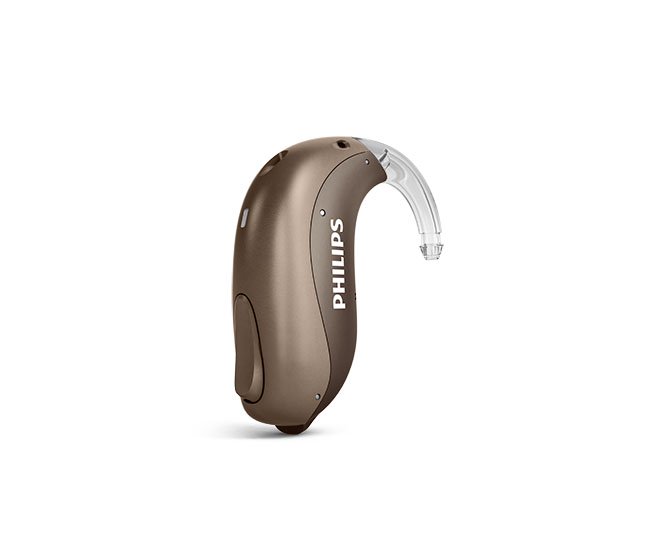 Voici un exemple d'appareils auditifs derrière l'oreille non rechargeable Philips HearLink mini, également appelé miniBTE T, de Philips Hearing Solutions.