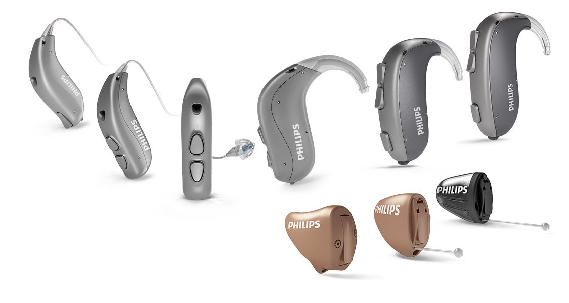 Aperçu de tous les appareils auditifs Philips HearLink. Contours d'oreilles et appareils intra-auriculaires.