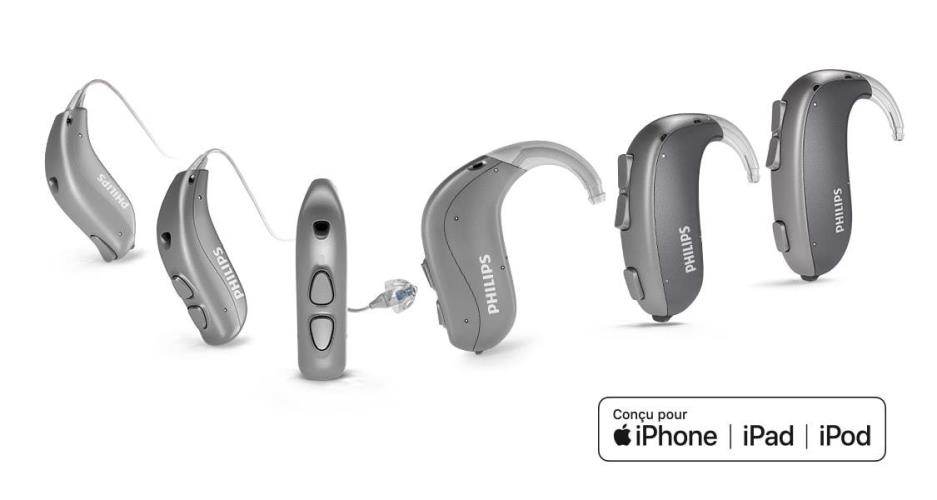 Aperçu de tous les appareils auditifs contours d'oreille Philips HearLink qui sont conçus pour l'iPhone