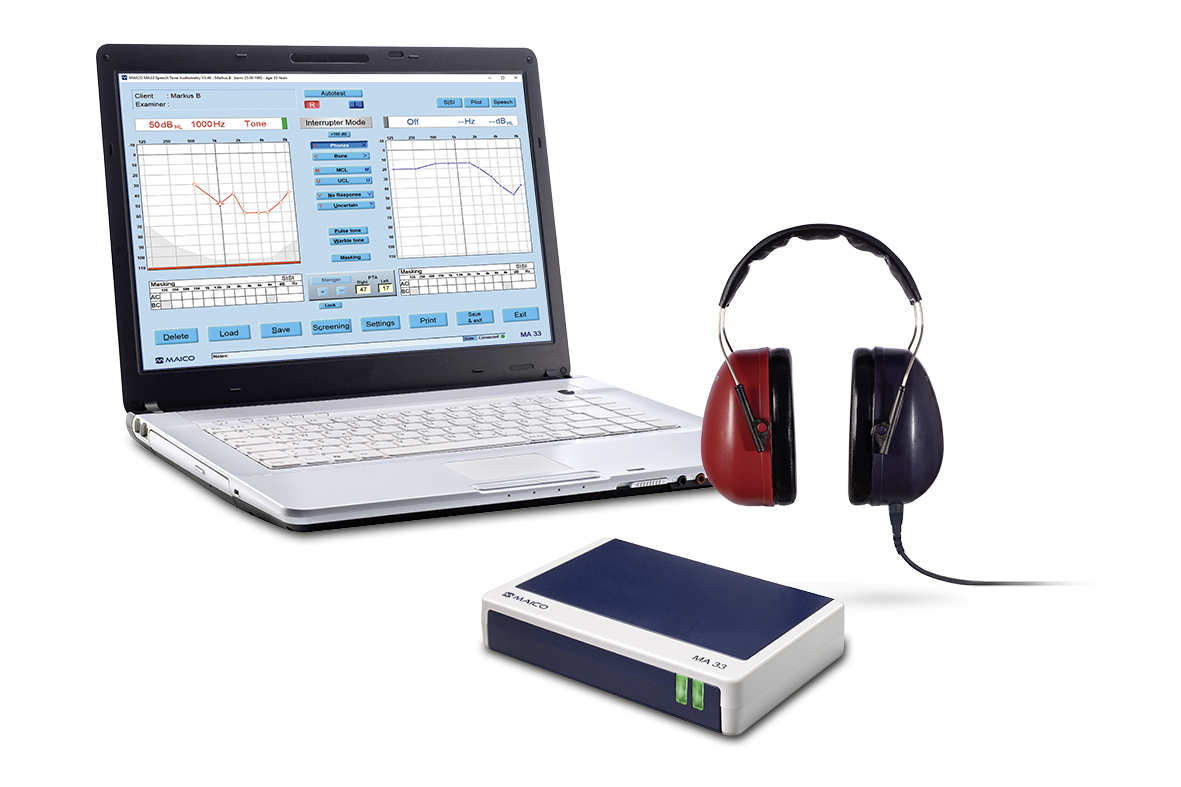 PC Audiometer MA 33 connected to laptop and headphones
