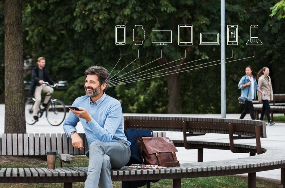 Uomo seduto su una panchina del parco con il suo smartphone