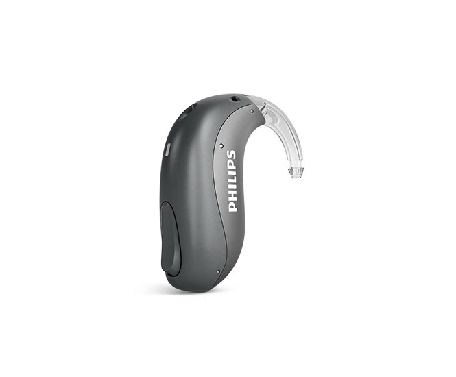 Bekijk een voorbeeld van de oplaadbare Philips HearLink mini achter-het-oor hoortoestellen, ook wel miniBTE T R genoemd van Philips Hearing Solutions