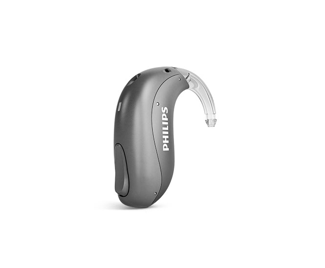 Bekijk een voorbeeld van de oplaadbare Philips HearLink mini achter-het-oor hoortoestellen, ook wel miniBTE T R genoemd van Philips Hearing Solutions