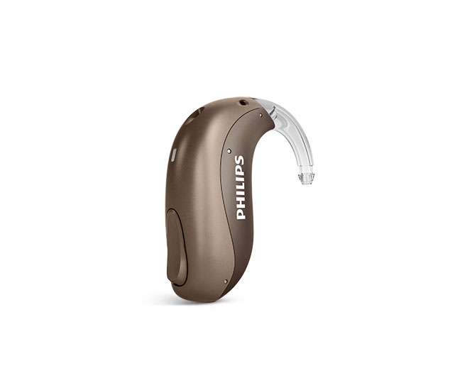 Bekijk een voorbeeld van de oplaadbare Philips HearLink mini achter-het-oor hoortoestellen, ook wel miniBTE T R genoemd van Philips Hearing Solutions