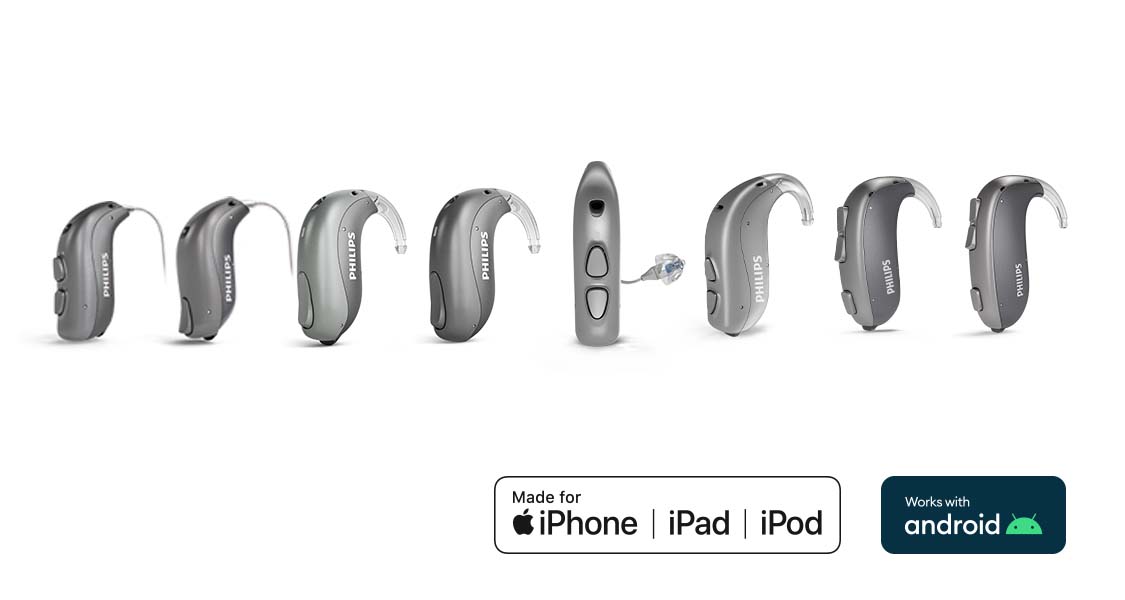 Portfolio aparatów słuchowych Philips HearLink: aparat ze słuchawką w uchu (RITE) i zauszny (BTE)