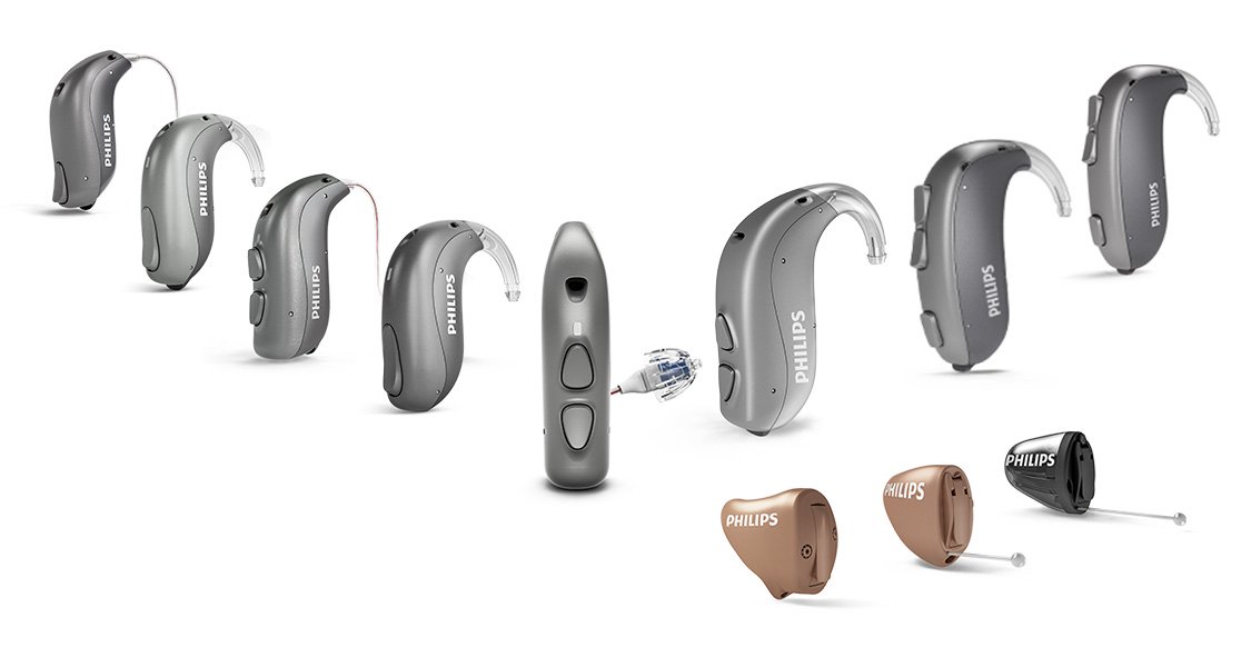 Portfolio aparatów słuchowych Philips HearLink: aparat ze słuchawką w uchu (RITE), zauszny (BTE) i wewnątrzuszny (ITE)