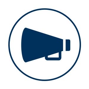 A dark blue icon with a megaphone is placed on a white background