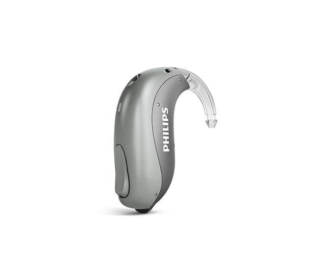 Se ett exempel på ej laddningsbara Philips HearLink mini BTE-hörapparater, även kallade miniBTE T från Philips Hearing Solutions