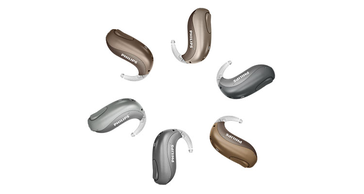 Tillgängliga färghjul för de laddningsbara Philips HearLink miniBTE T R-hörapparaterna (mini bakom örat)